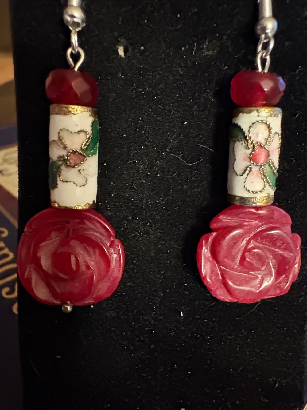 Red Floral Cloisonné and Ruby Rose Drop Earrings